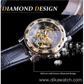 Top Brand Winner Fashion Golden Retro Watch Mens Mechanical Skeleton Diamond Display Luxury Wrist Watch Clock Relogio Masculin